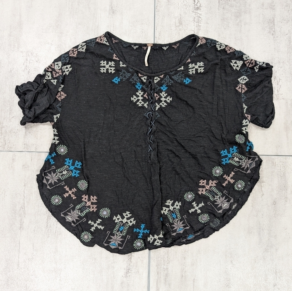 Free People Women's Black Embroidered Multicolor Aztec Blouse Top Size Small